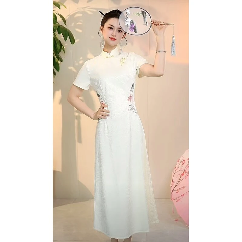 A102595,春夏新款新中式国风复古定位刺绣花日常改良旗袍裙中国风