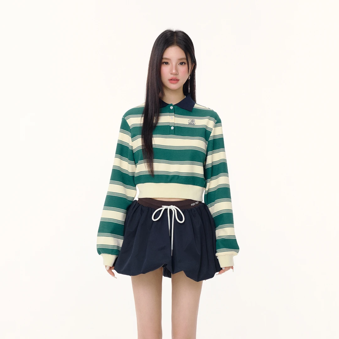 FPMZ【官方】学院风条纹短款polo撞色翻领卫衣宽松韩系百搭显瘦长袖