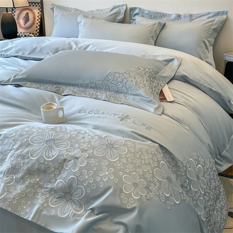 轻奢A类长绒棉纯棉四件套100全棉刺绣被套床单床上用品高档被罩4