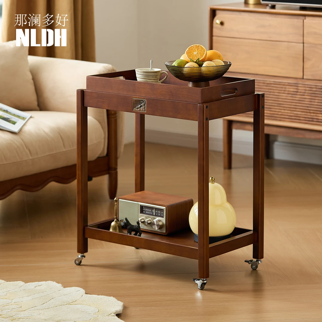 客厅家用中古风小推车实木餐边零食置物架可移动茶台茶几沙发边几