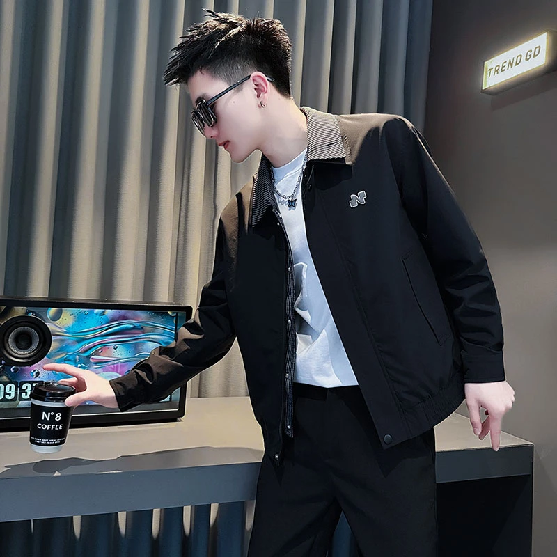 春秋季季男士潮牌假两件外套2025新款高级感男装休闲夹克男款上衣
