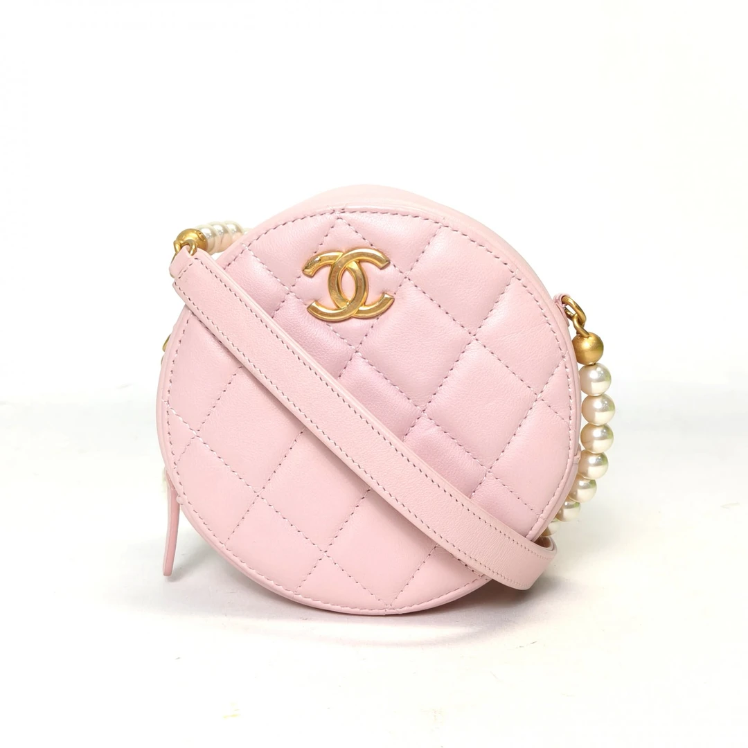 99新 Chanel/香奈儿 【娇】粉紫色皮革S31开珍珠链条圆饼包 314292