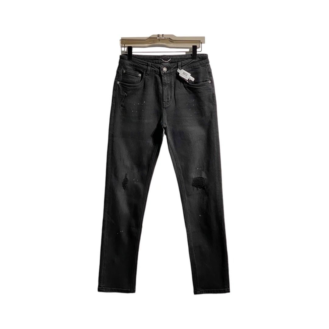 【奢潮定制】秋季 5739 黑色修身小直筒猫须破洞甩漆设计质感牛仔裤