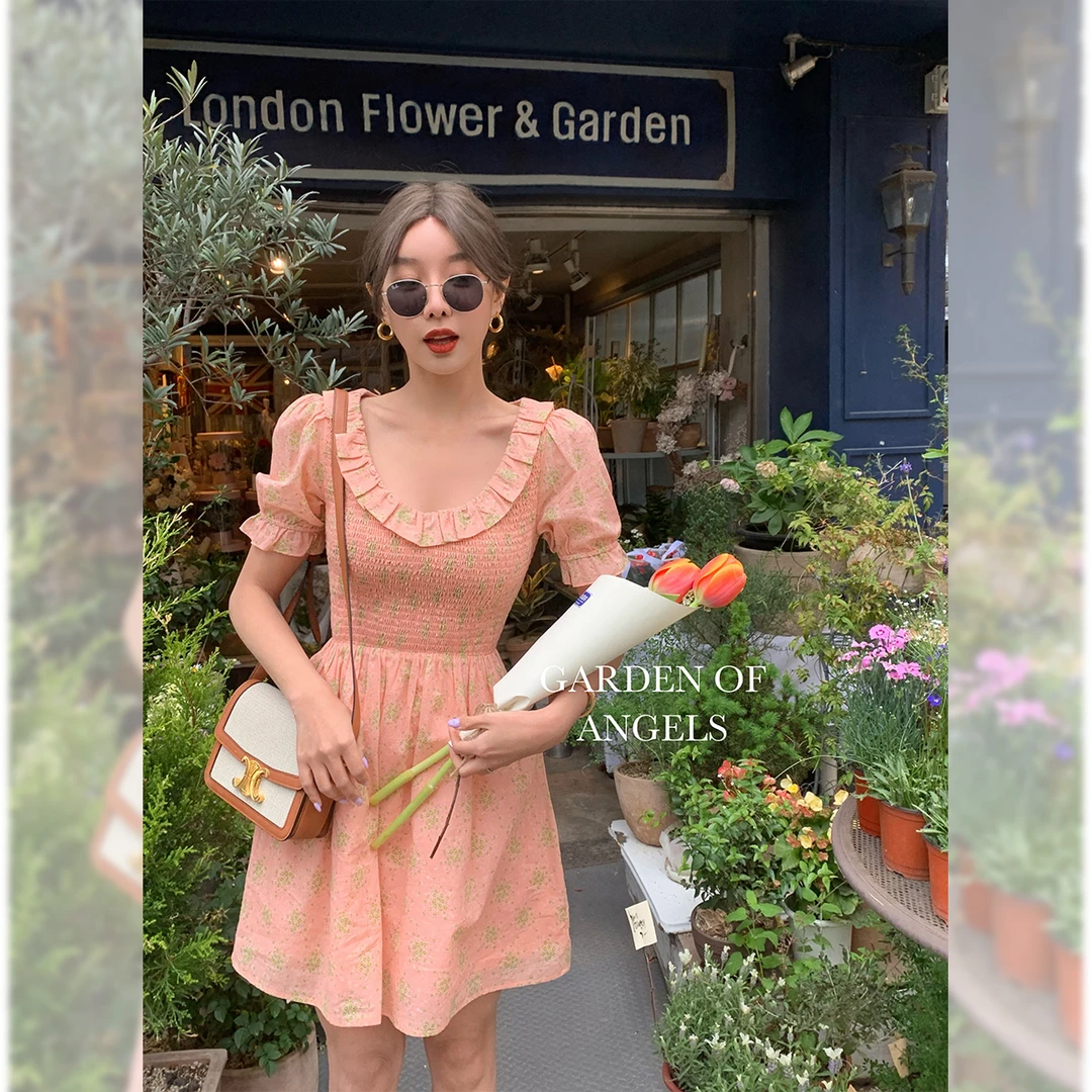 施薇靓【现货】奶杏蜜桃 法式打揽全棉碎花连衣裙泡泡袖收腰a字裙