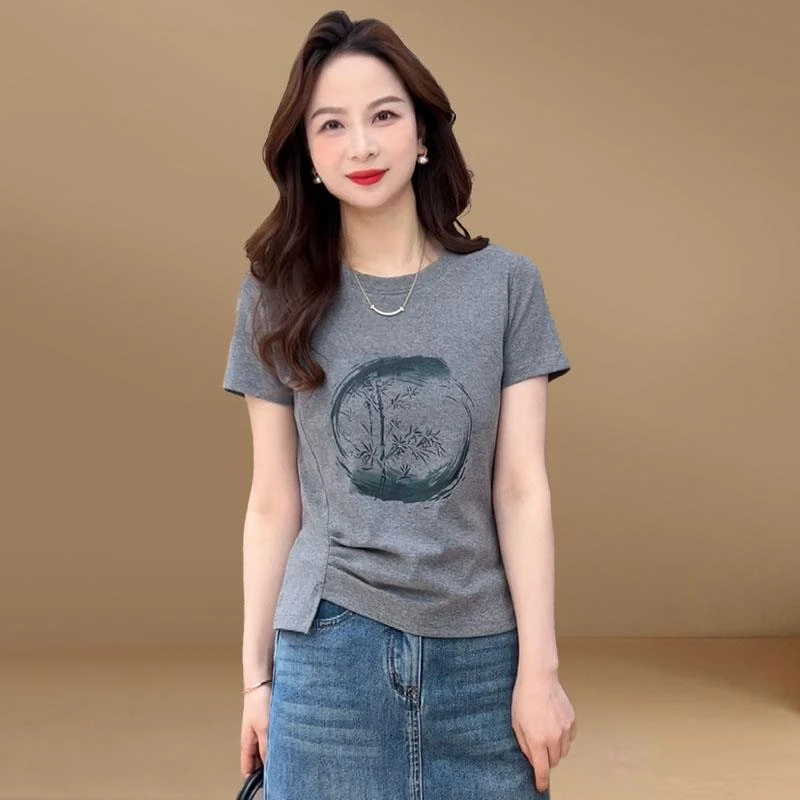 纯棉印花圆领短袖T恤女士2025夏季新款设计感修身显瘦不对称上衣
