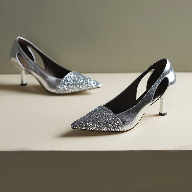 （跟高6cm）真皮气质尖头新款拼接亮片浅口优雅旗袍通勤单鞋