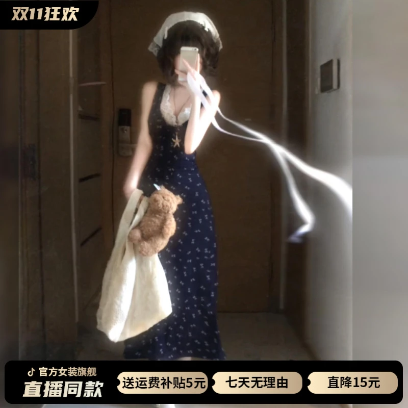法式蕾丝碎花吊带连衣裙子女夏季2025新款流行爆款巨好看收腰长裙