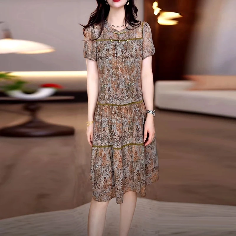 2025夏季新款轻羽丝气质优雅碎花礼服裙宽松遮肉显瘦洋气连衣裙女