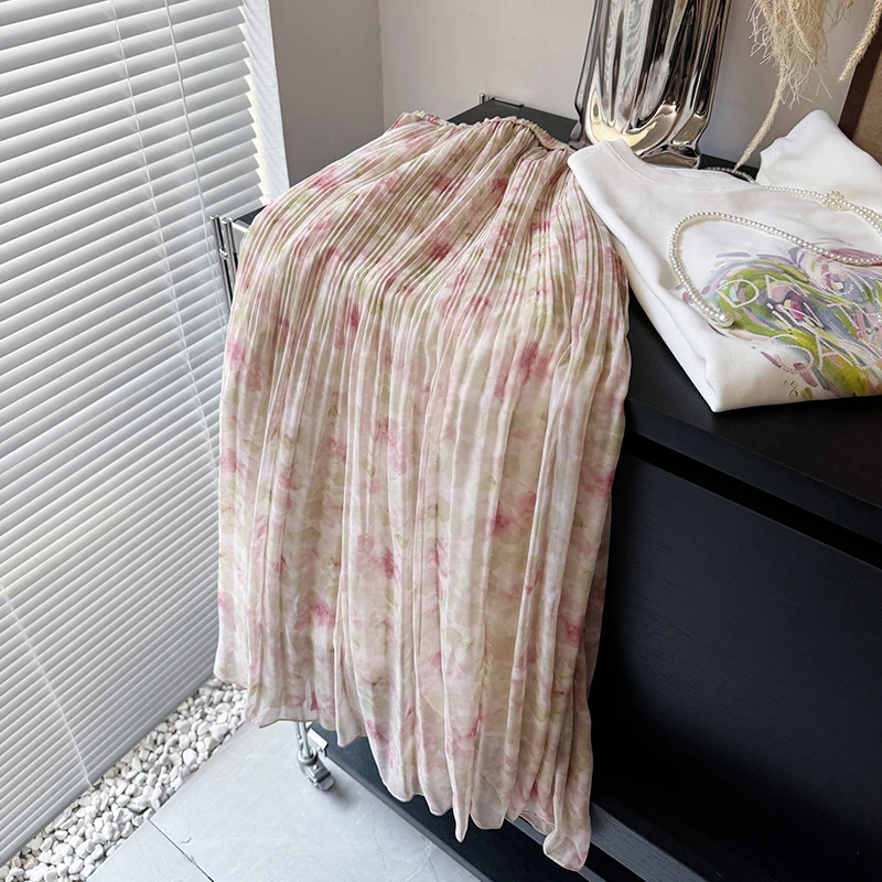 小清新碎花半身裙女夏季新款中长款高腰遮胯显瘦印花百褶裙子