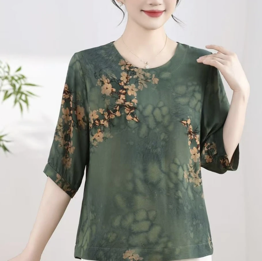 中年妈妈夏季时尚七分袖显瘦短袖T恤中老年女装上衣