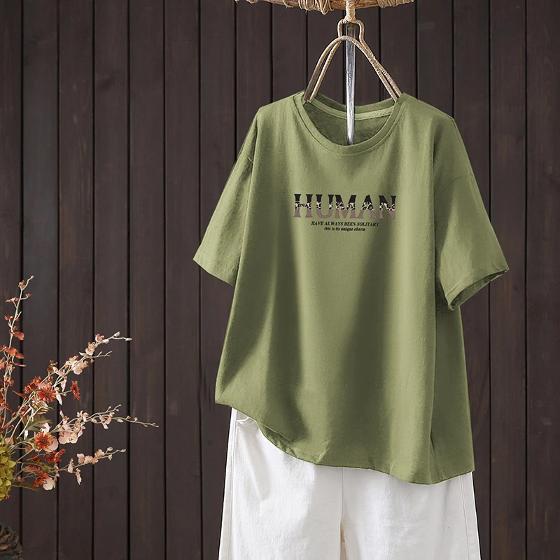 胖妹妹大码休闲文艺夏季纯棉宽松显瘦上衣圆领百搭洋气体恤衫短袖