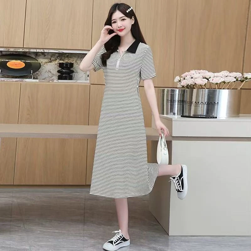 5027#【长108】2025新款时尚高腰显瘦条纹连衣裙