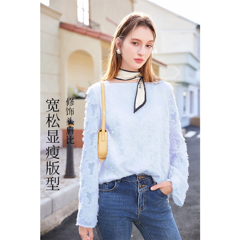 秋水伊人法式方领蕾丝衫2025年春季新款长袖衬衫624443M050707-1