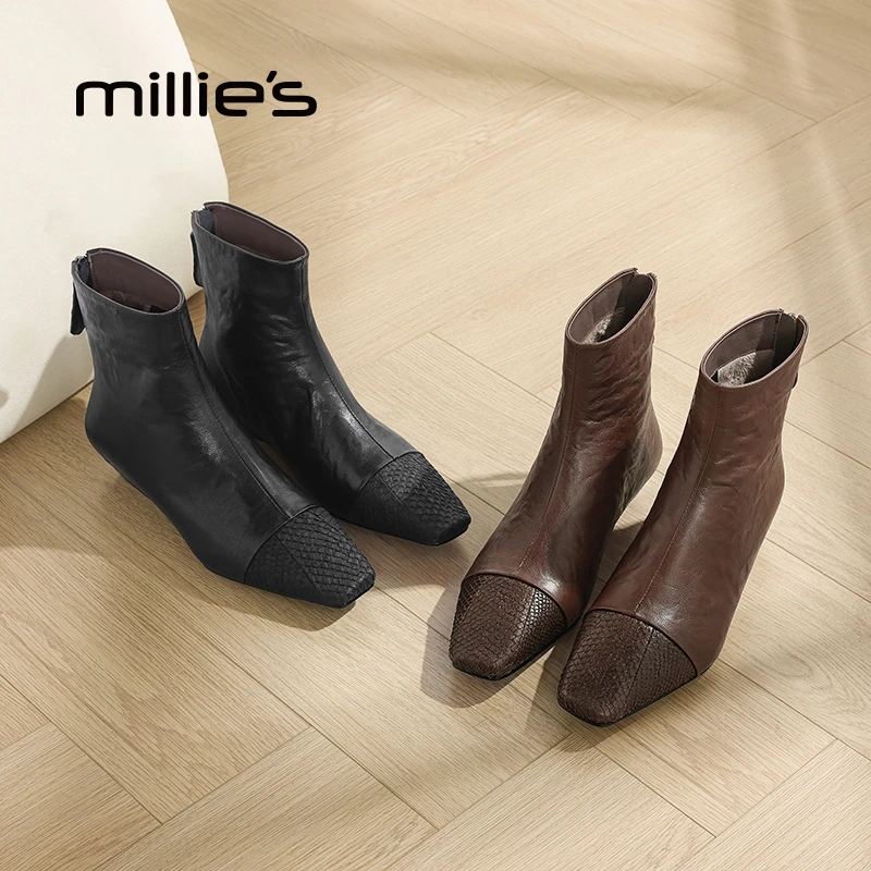 妙丽防滑秋季女胶粘圆头中跟方头短靴极简风复古港风冬季