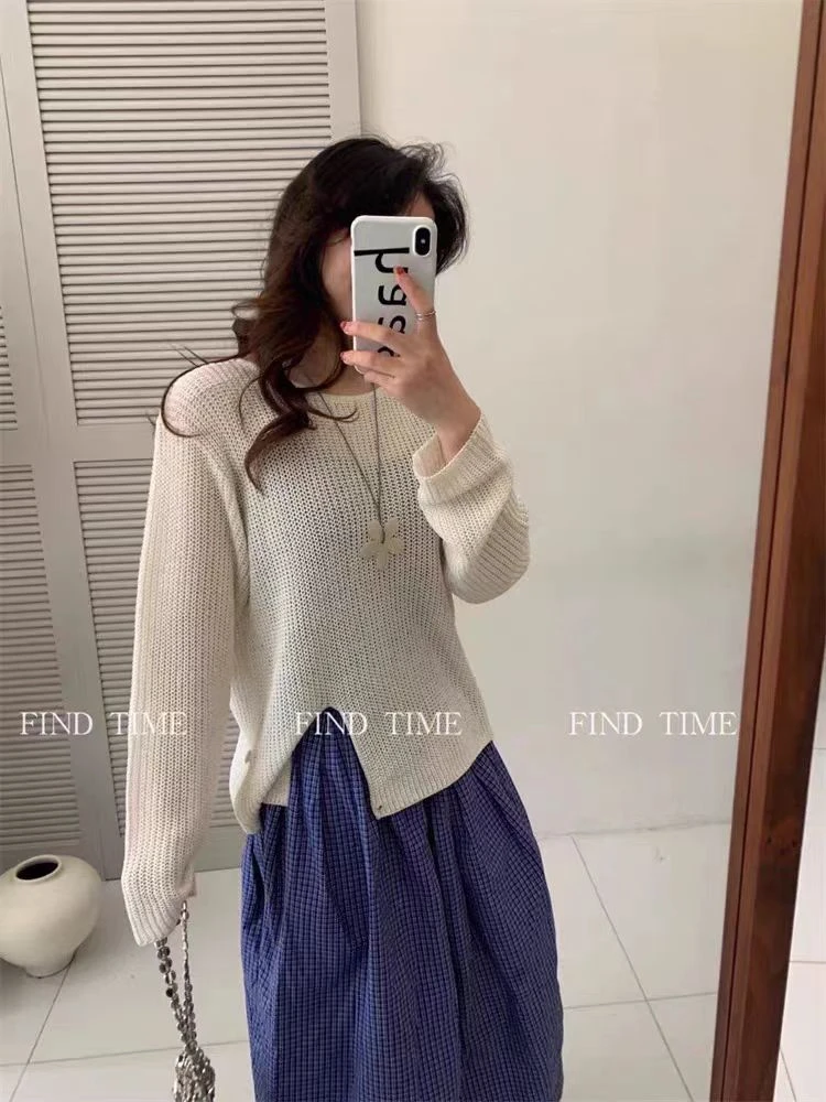 设计感开叉针织衫女春纯色宽松外穿慵懒风长袖防晒上衣短款时尚