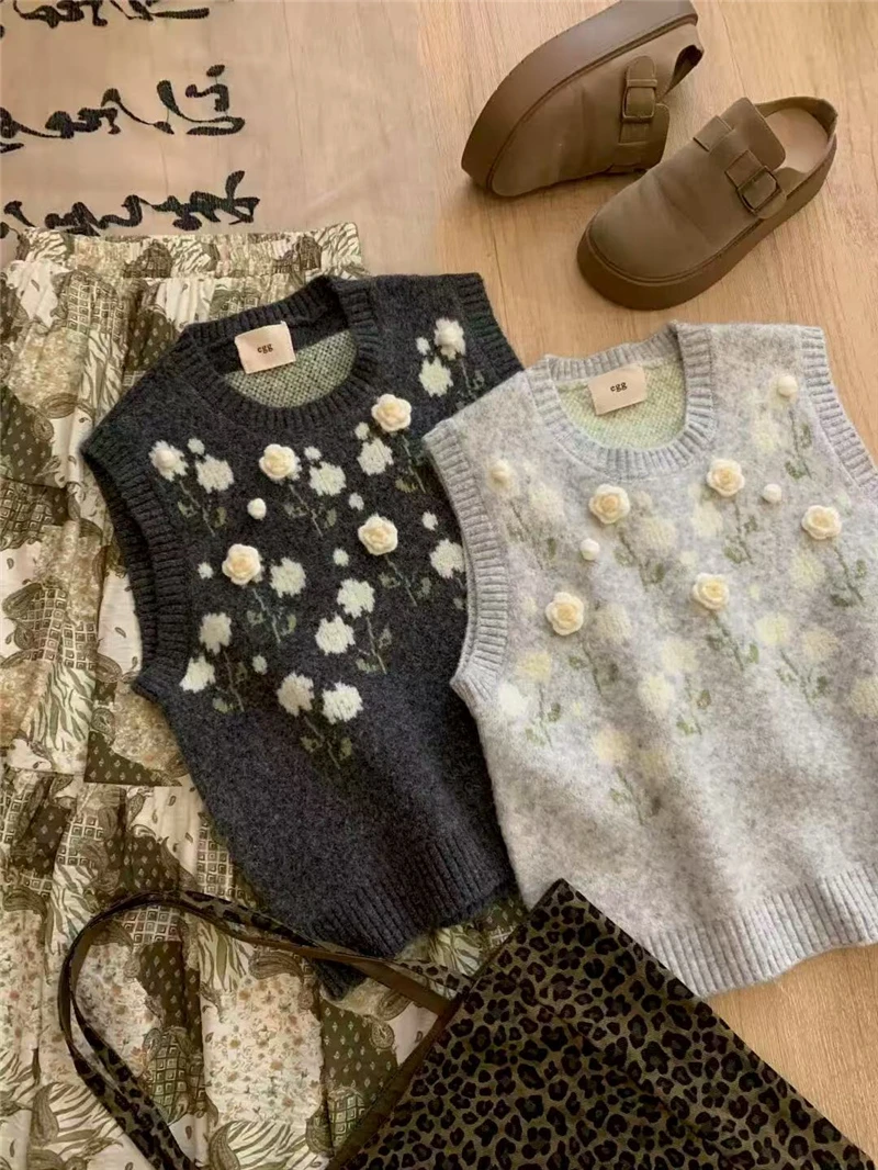 春秋季新款韩系甜美立体花朵针织马甲女宽松慵懒风时尚叠穿背心潮