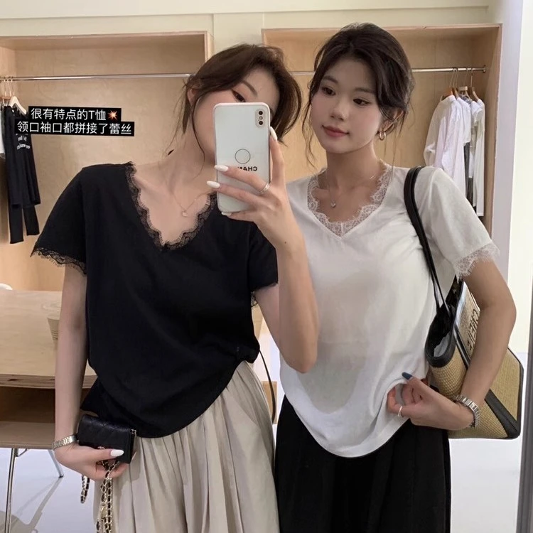 慵懒法式气质蕾丝花边v领正肩短袖t恤女夏季新款设计感宽松上衣潮