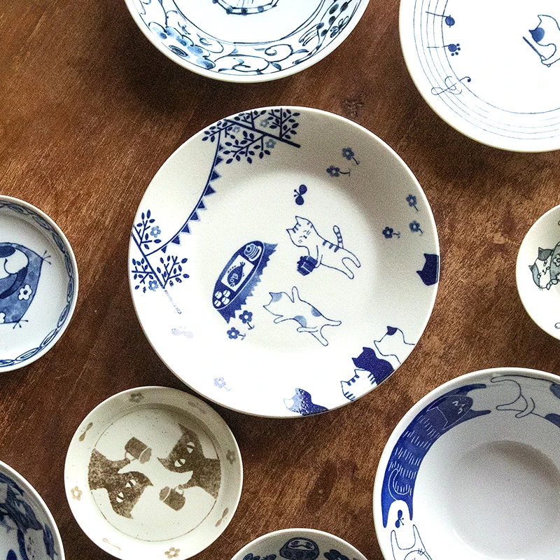 日本进口猫之韵餐盘日式可爱陶瓷釉下彩盘子家用简约菜盘日式菜盘