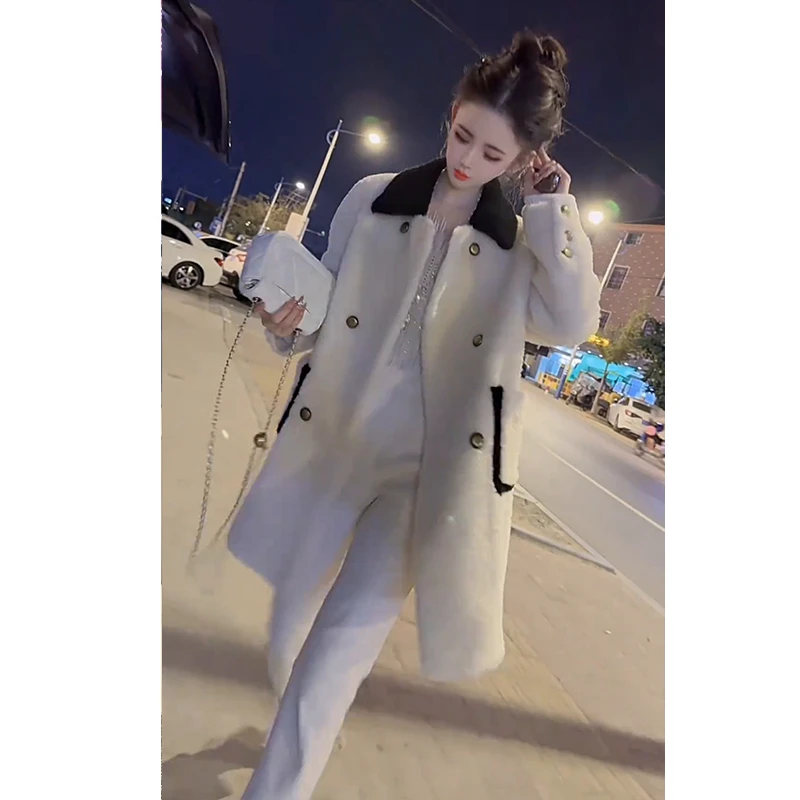 秋季流行穿搭一整套女2025新款宽松中长款毛绒外套休闲裤两件套