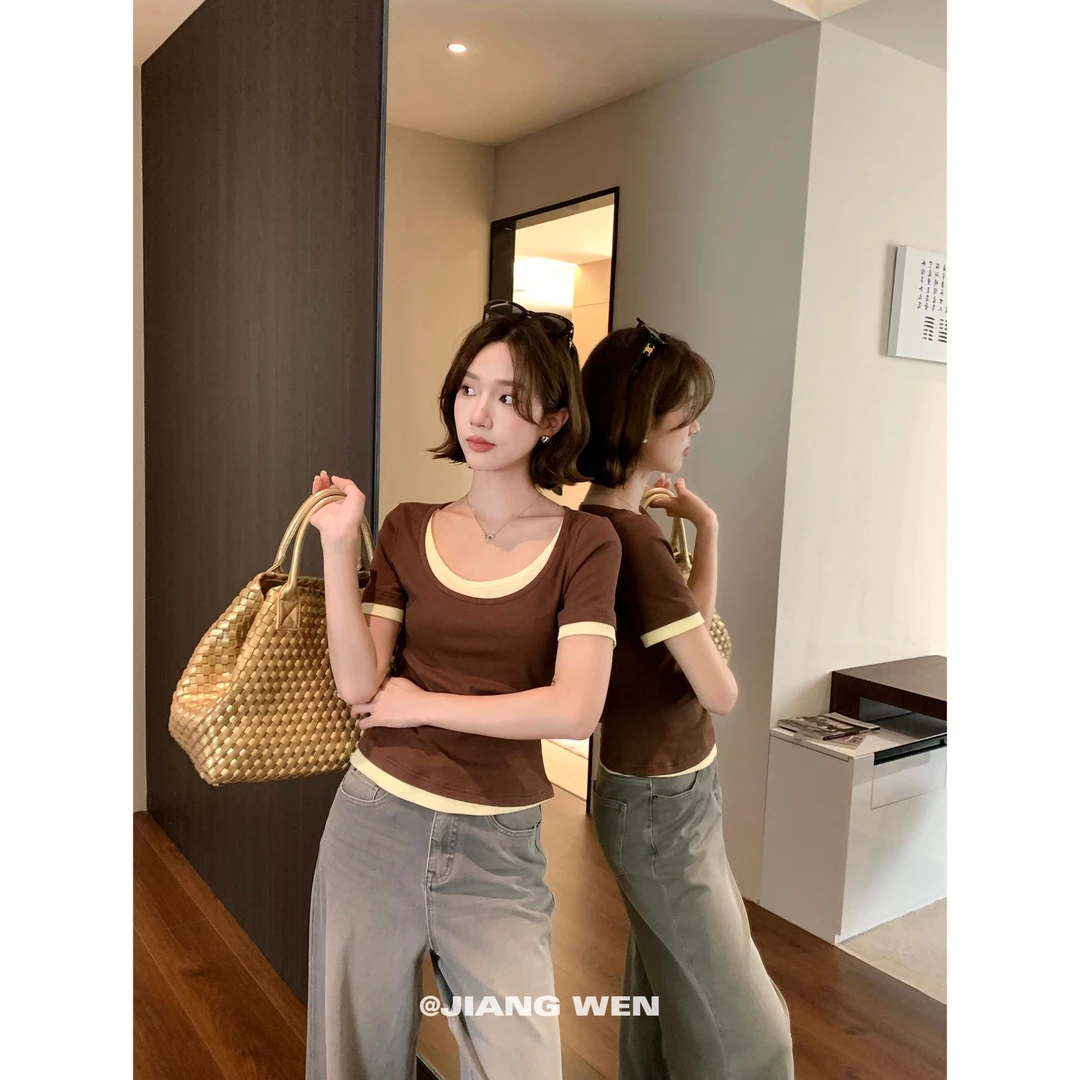 【黄油可颂】假两件撞色方领修身显瘦短袖