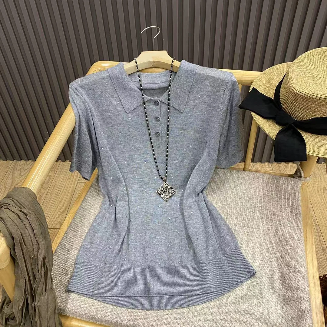 短袖烫钻polo领针织衫套头纯色宽松百搭薄款T恤女Z6824