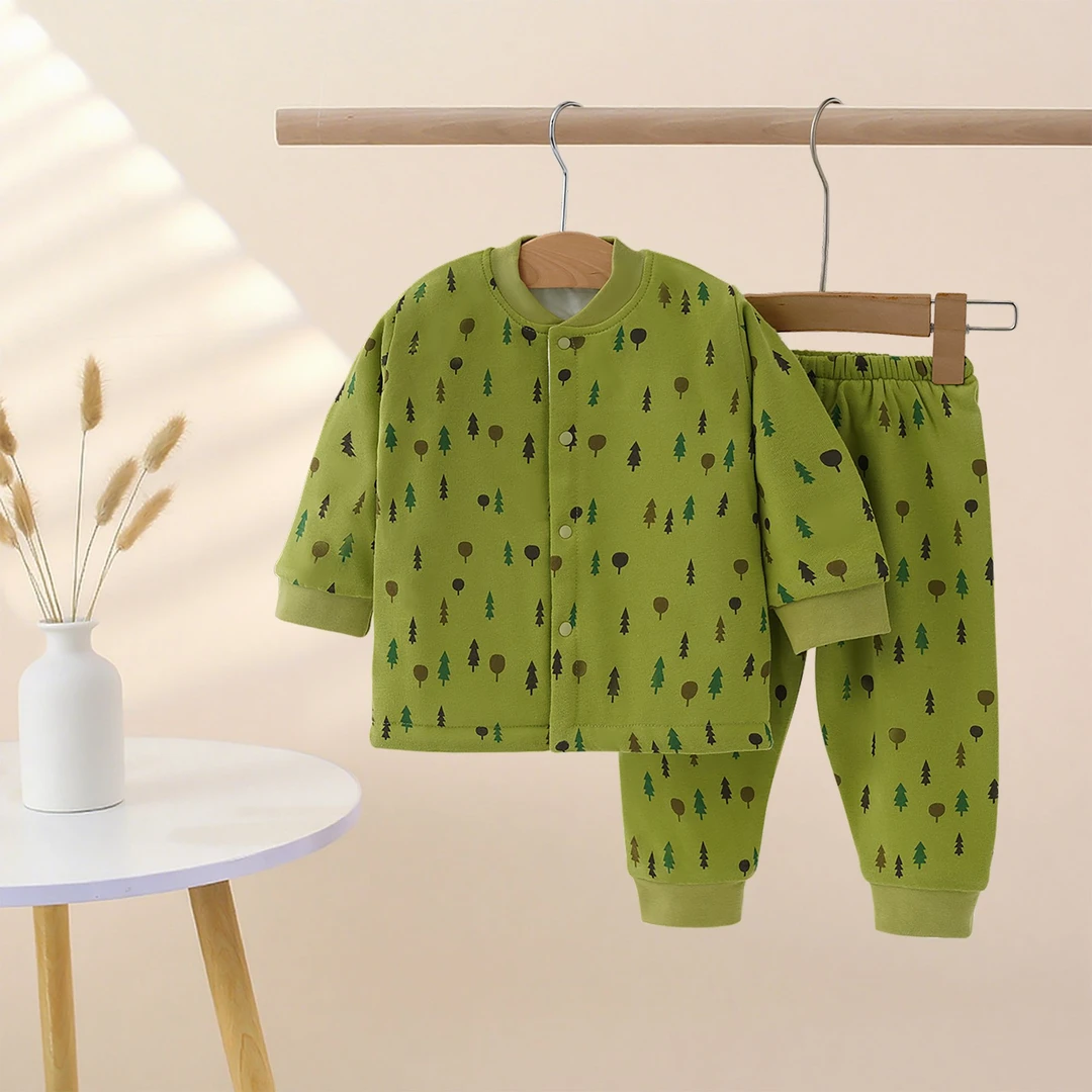 印花分体套装薄棉婴幼儿纯棉保暖高腰护肚两件套夹棉家居服通用