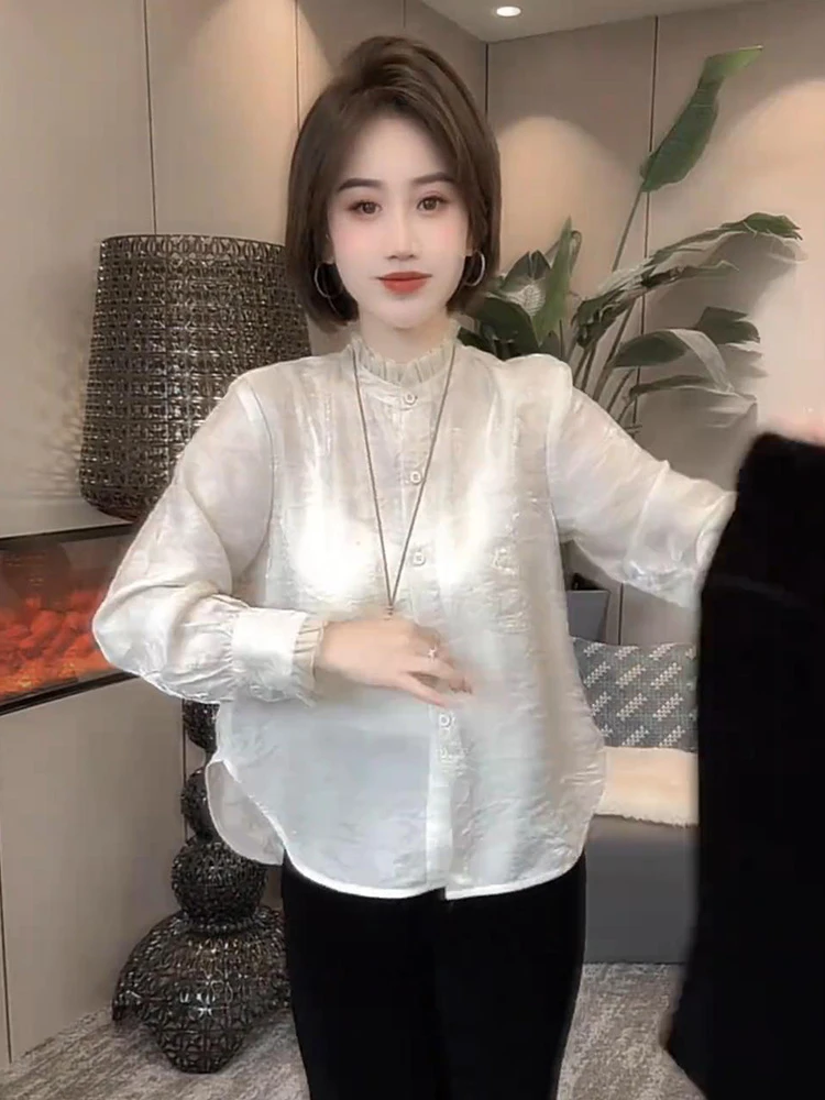 法式褶皱花边领长袖衬衫女2025新款秋季巨好看的小衫独特漂亮上衣