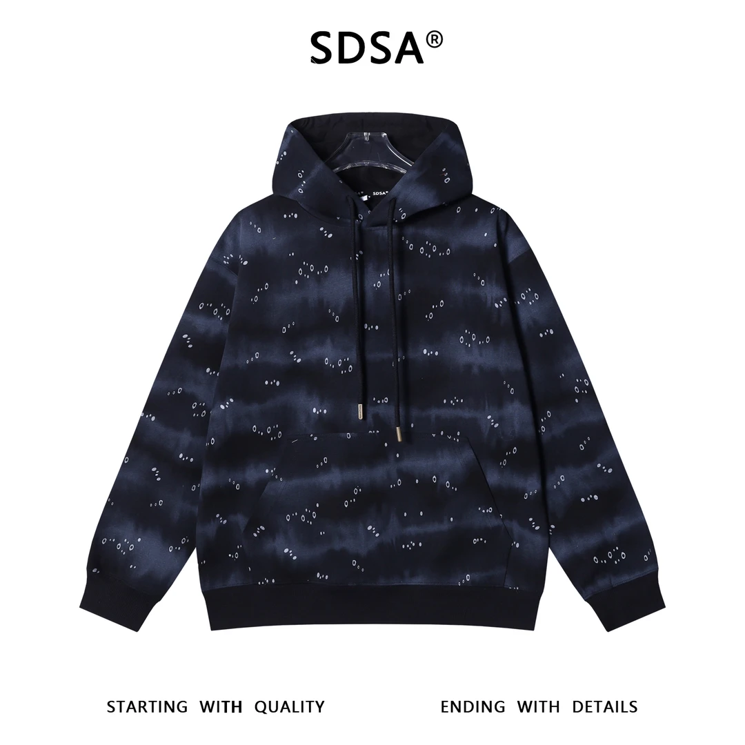SDSA秋冬新款痞帅男装韩版扎染撞色泡泡印花抽绳连帽卫衣时尚百搭