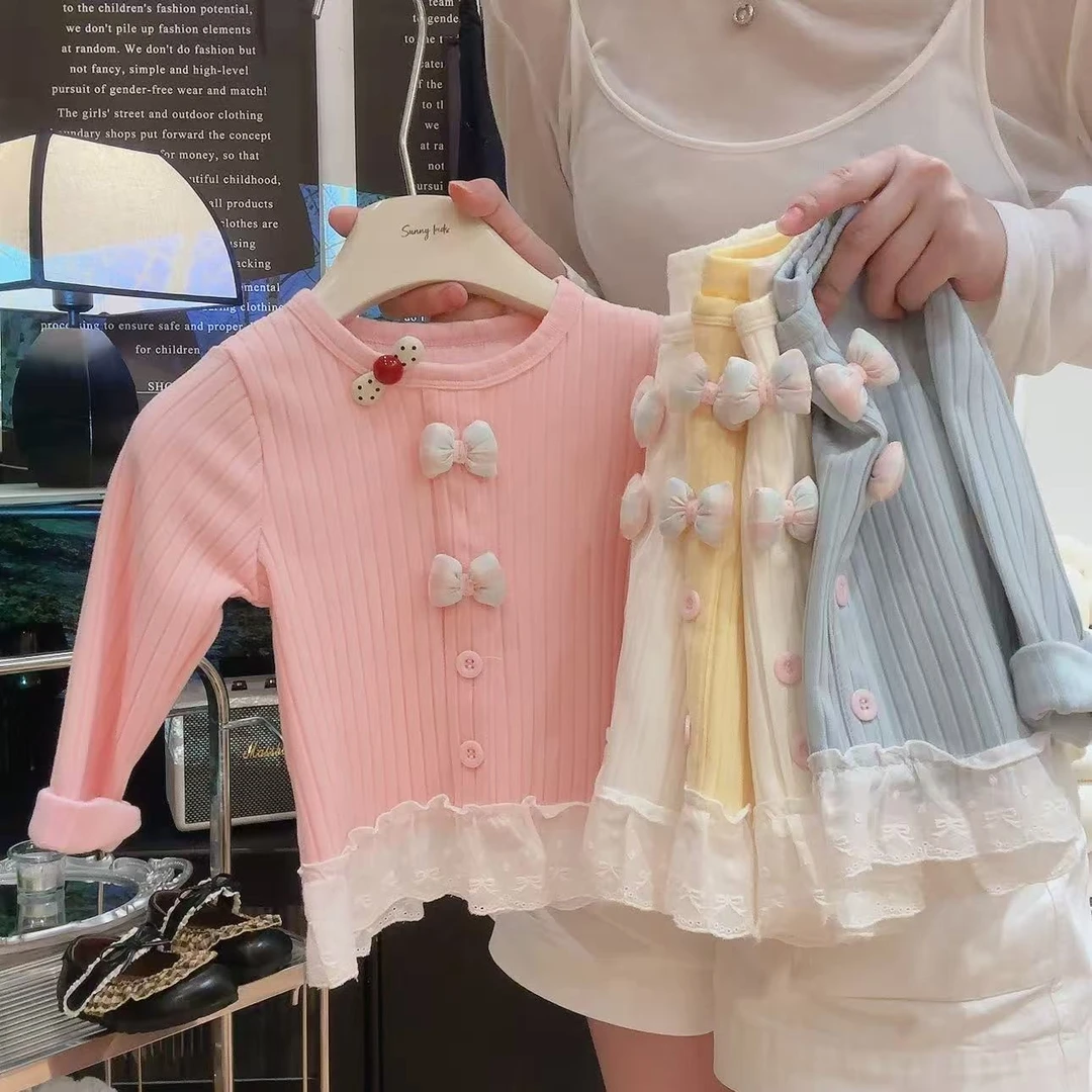 【宸宸】2025秋季新款女童蝴蝶结蕾丝长袖上衣甜美可爱萌趣活泼