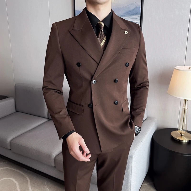 高端韩系羊毛西装套装礼服男潮流修身时尚商务休闲双排扣西服套装