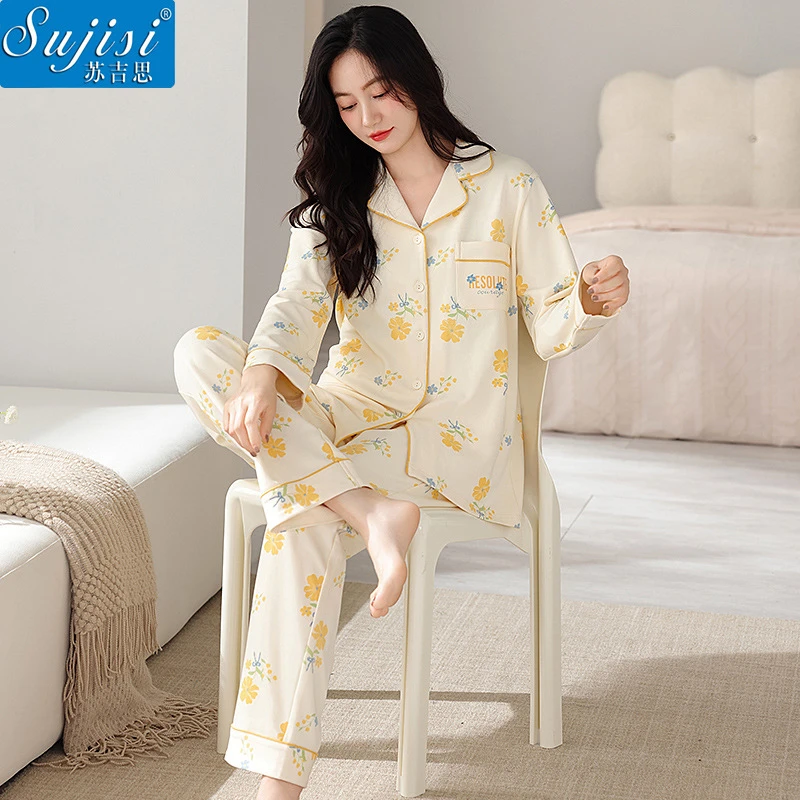 女士睡衣纯棉秋冬新款长袖简约开衫印花休闲大码全棉家居服女套装