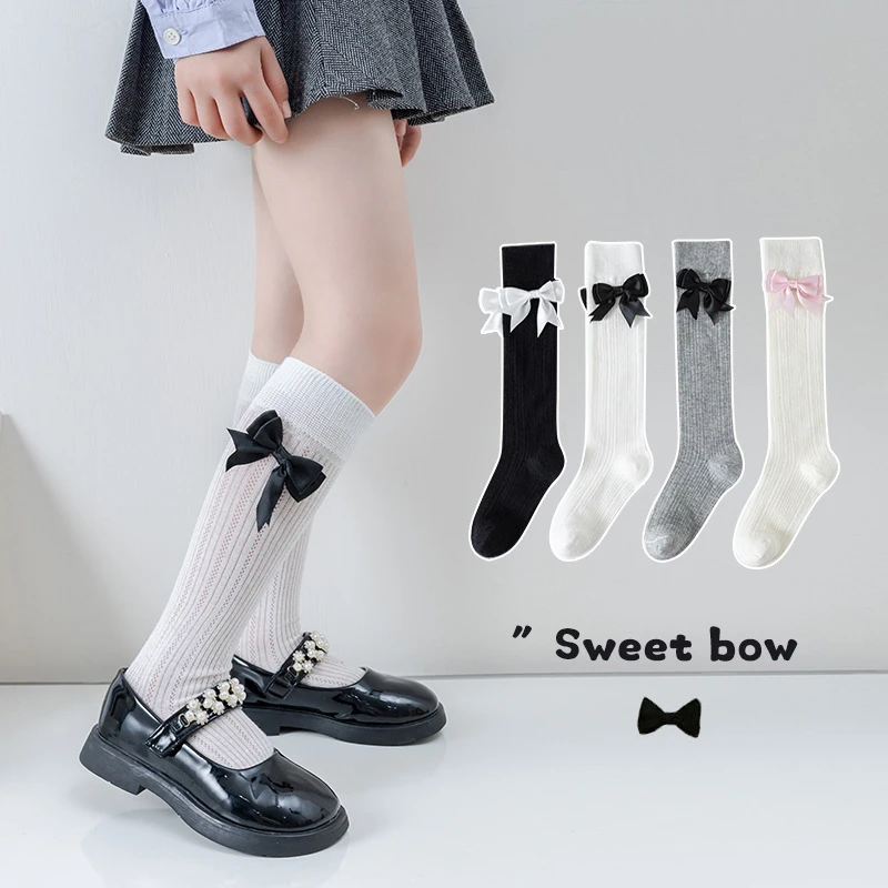 夏季女童宝宝薄款网眼透气中筒袜大蝴蝶结公主袜