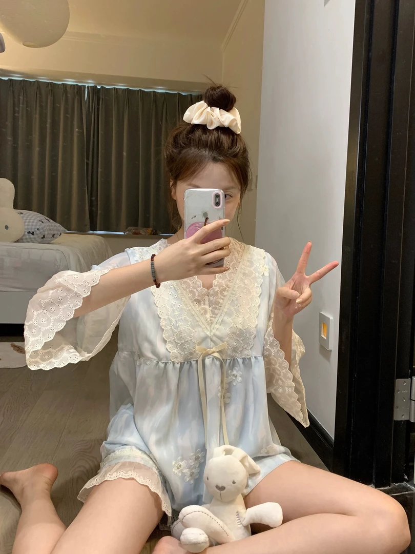 【流光】夏季少女蕾丝七分袖睡衣女款2025新款夏宫廷风家居服外穿