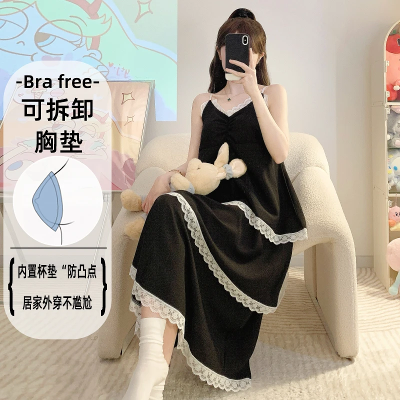 夏季带胸垫睡裙女夏天纯棉吊带睡衣夏季无袖连衣裙凉感家居服简约