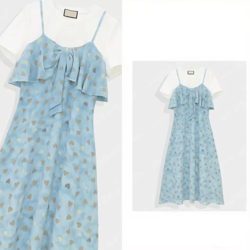 高级设计带钻夏日女装拼接重工假两件显瘦气质连衣裙