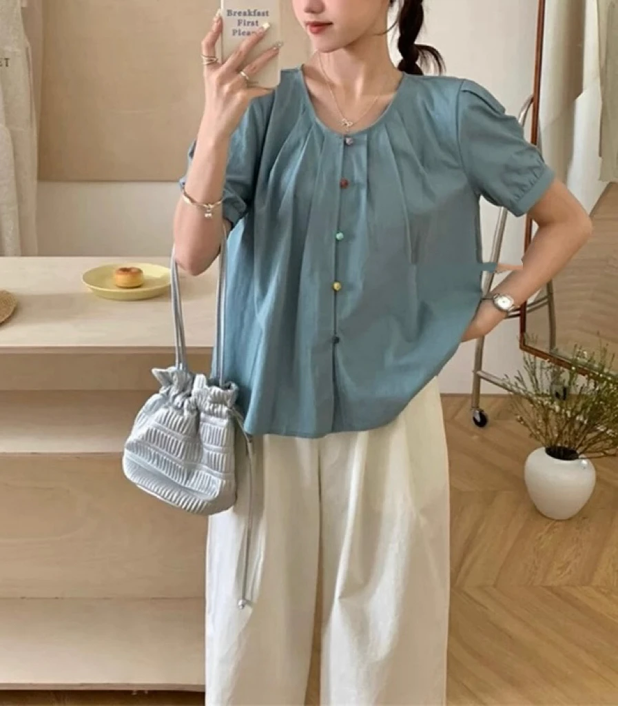 24【绣球扣】彩色扣子宽松百搭气质短袖衬衫（D13）