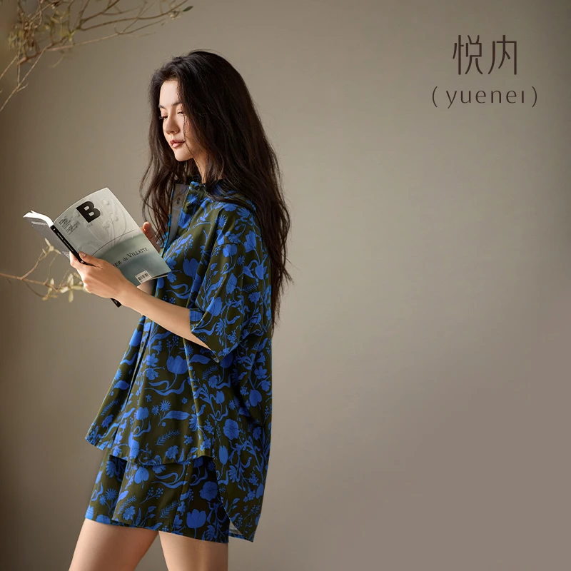 悦内睡衣女夏季夏天纯棉短袖短裤大码家居服时尚休闲古巴风可外穿