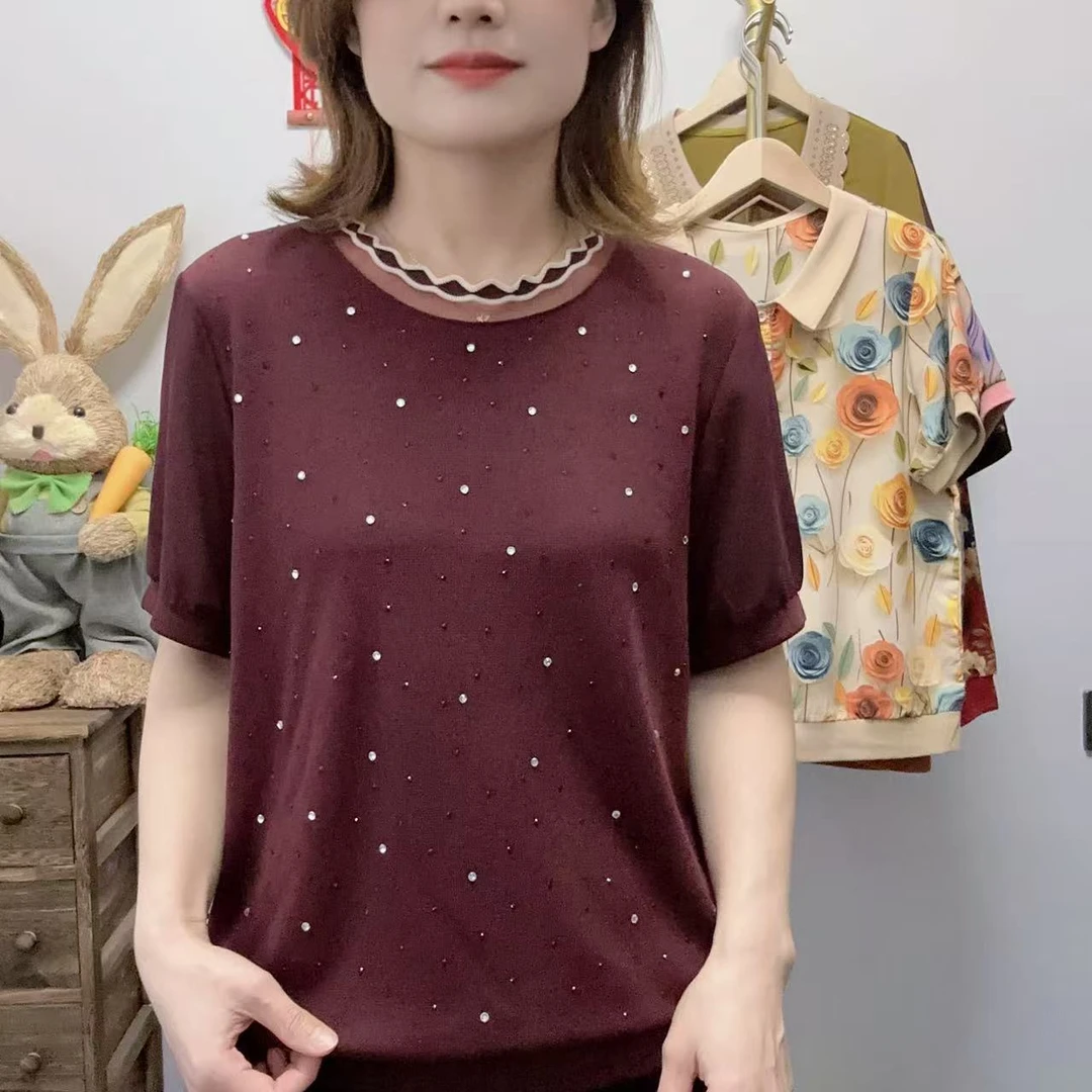 【丽姐家】时尚圆领显瘦夏装t恤薄款妈妈装大码宽松型小衫