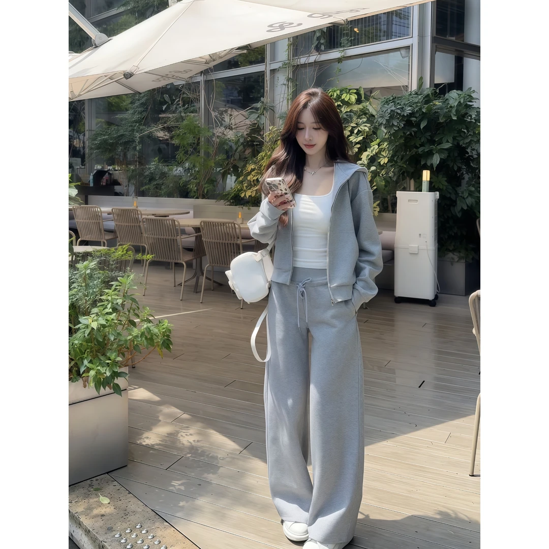 秋冬新款灰色美式休闲运动卫衣短外套阔腿卫衣长裤两件套
