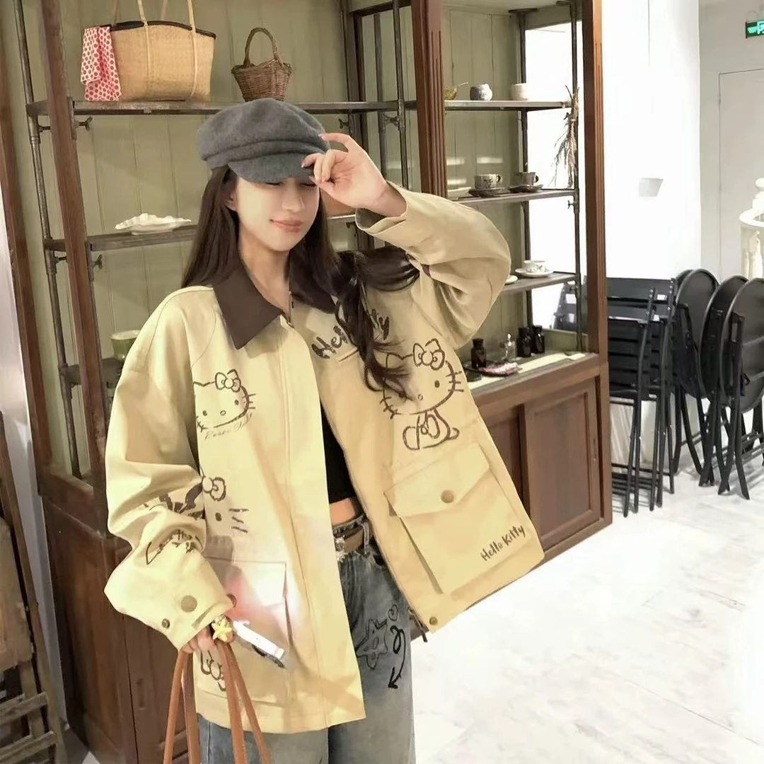 高品质！2025秋季新款韩版宽松显瘦Kitty翻领风衣外套女休闲2590#