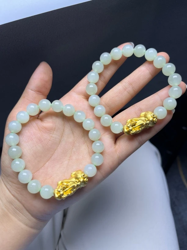 西亚珠宝HF32-和田玉冰晴水手串10mm+多样性发其一