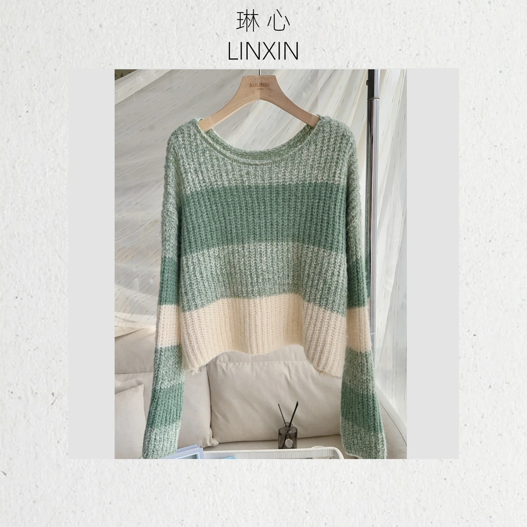 秋冬时尚百搭休闲宽松撞色条纹套头针织衫QJR1224