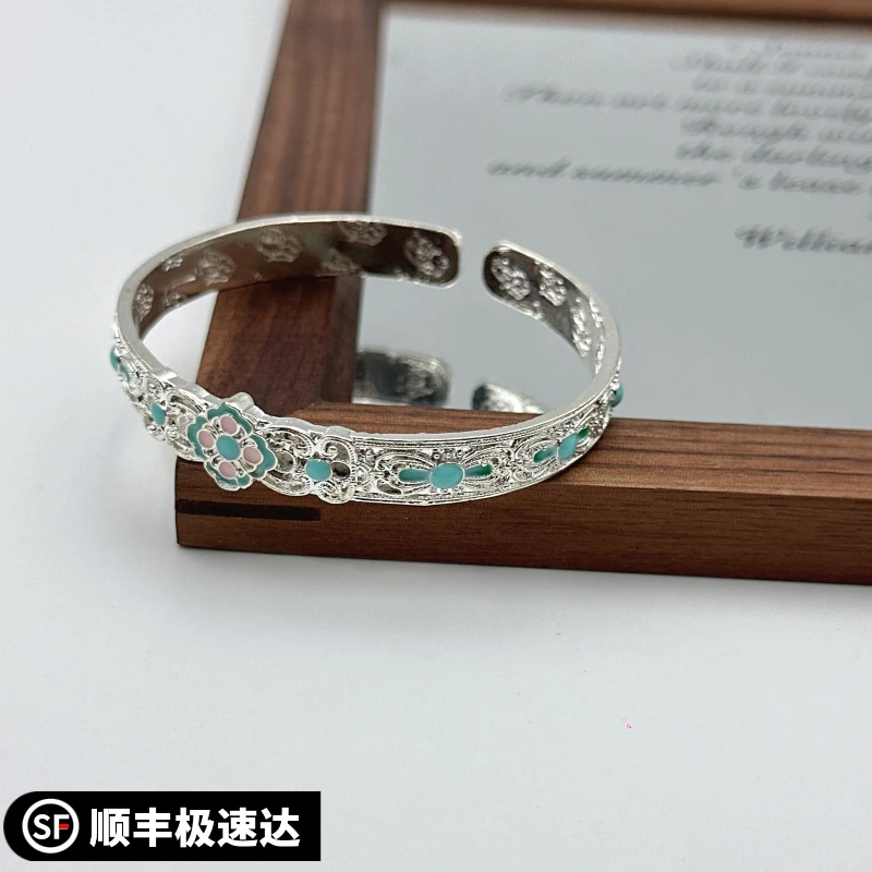 银9999手镯女银国风新中式气质轻奢时尚描金珐琅彩手镯百搭个性