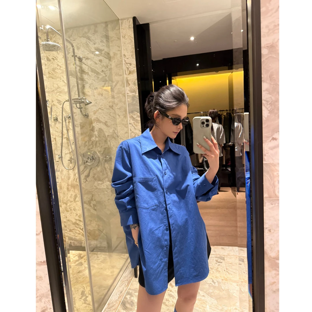 吴童童现货【蓝蝶】早秋中长款长袖衬衫女宽松休闲百搭衬衣62536