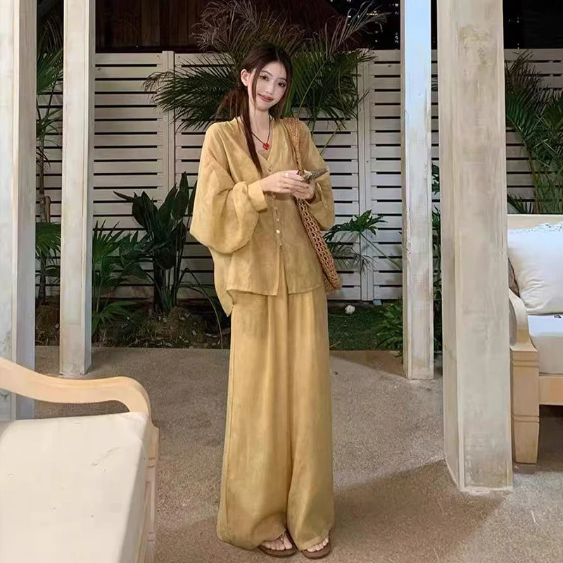 新中式国风套装女夏2025新款清冷感穿搭衬衫吊带阔腿裤三件套