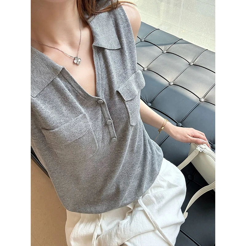 2025韩版夏季新款拼接V领无袖设计感针织衫翻领通勤气质上衣女