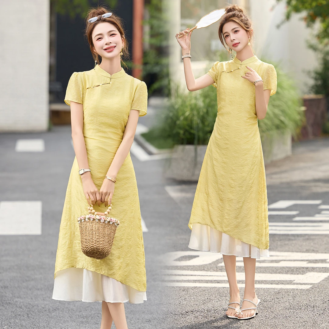 挂脖式新中式拼接2025连衣裙文艺国风显瘦气质夏季复古中国风修身