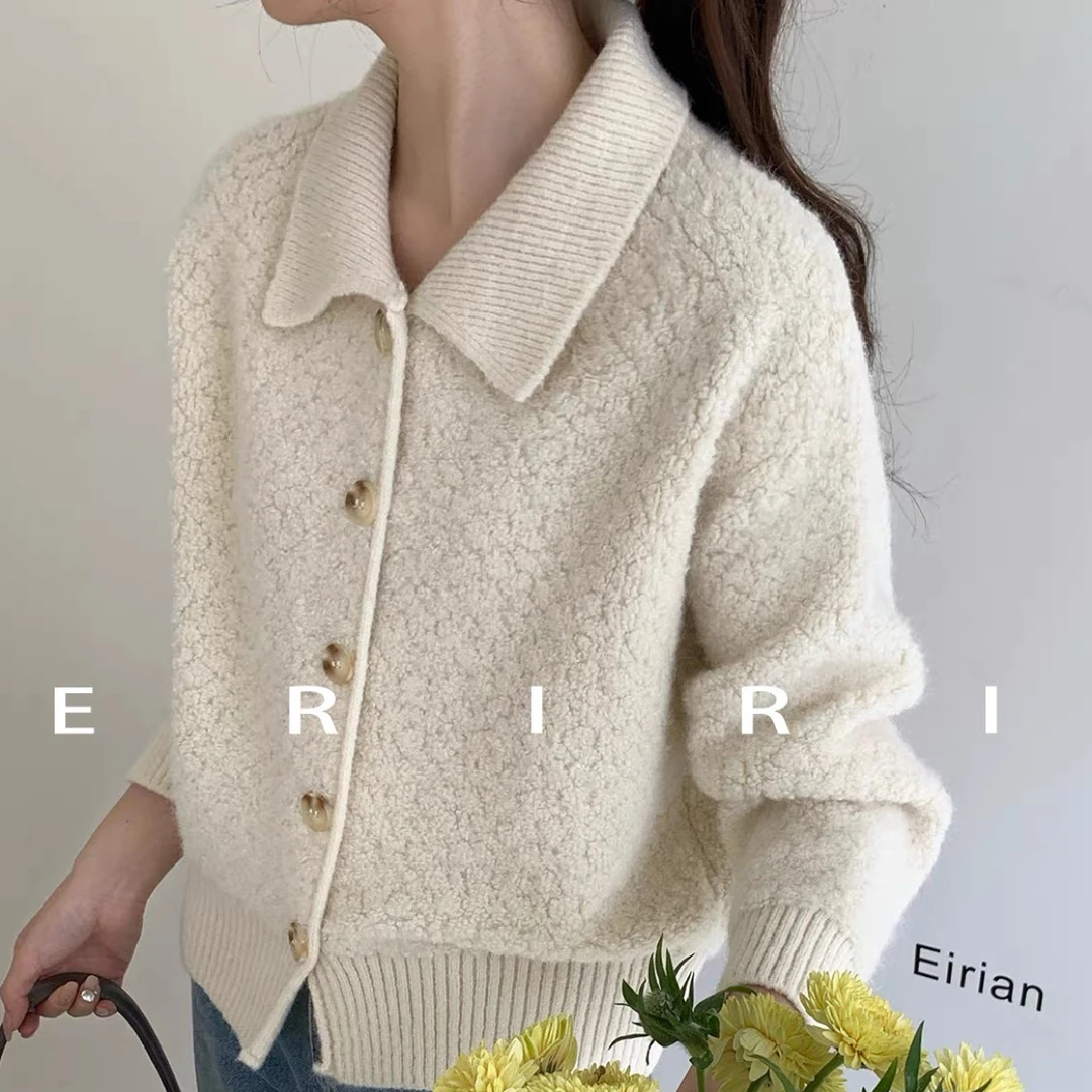 翻领颗粒绒短款针织毛衣开衫外套女2025新款设计感上衣#83