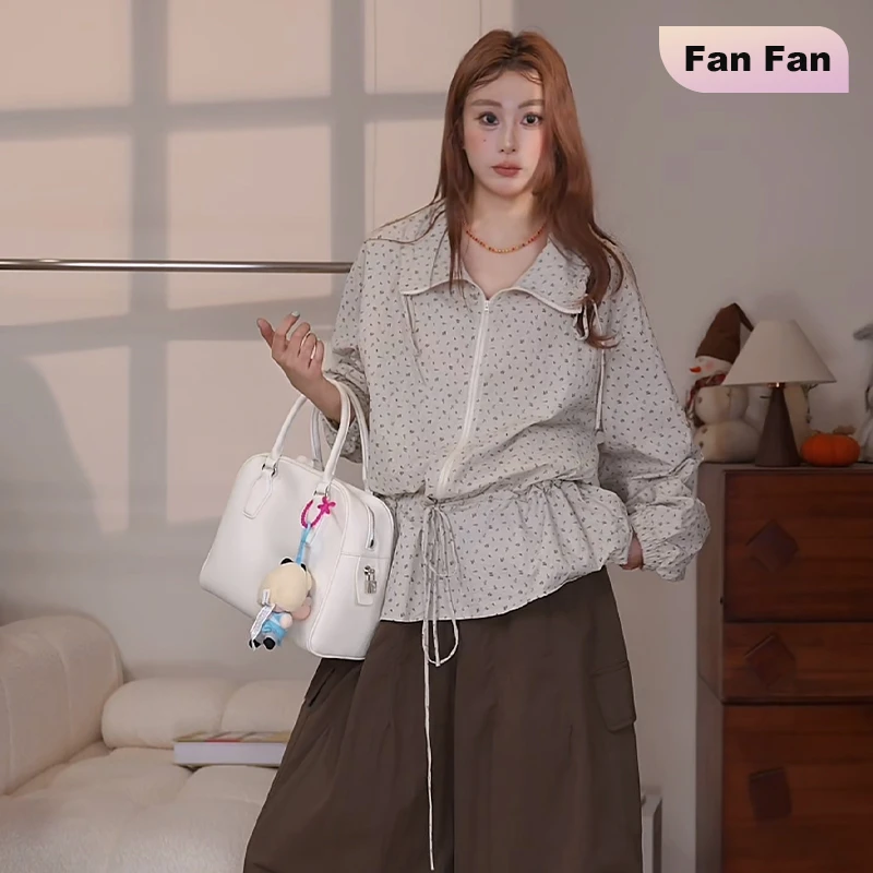 高端货~进口外单货碎花抽绳收腰显瘦外套女秋宽松气质polo领上衣