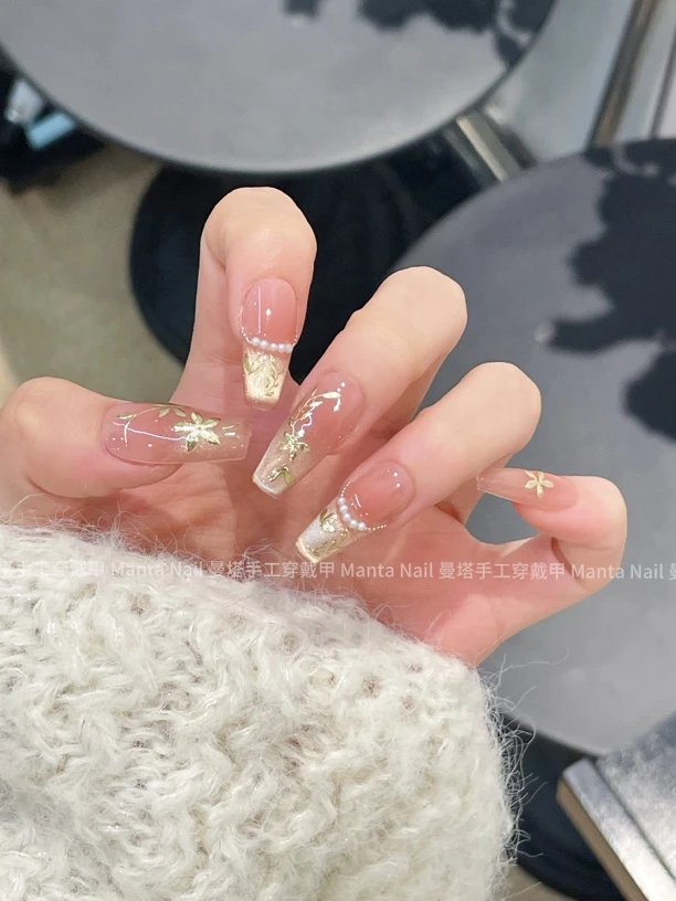 黄金诗篇｜手绘金色花花猫眼珍珠纯欲金色纯手工穿戴甲气质温柔